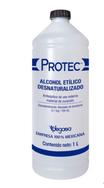 Botella de un litro de alcohol etílico desnaturalizado PROTEC de DEGASA