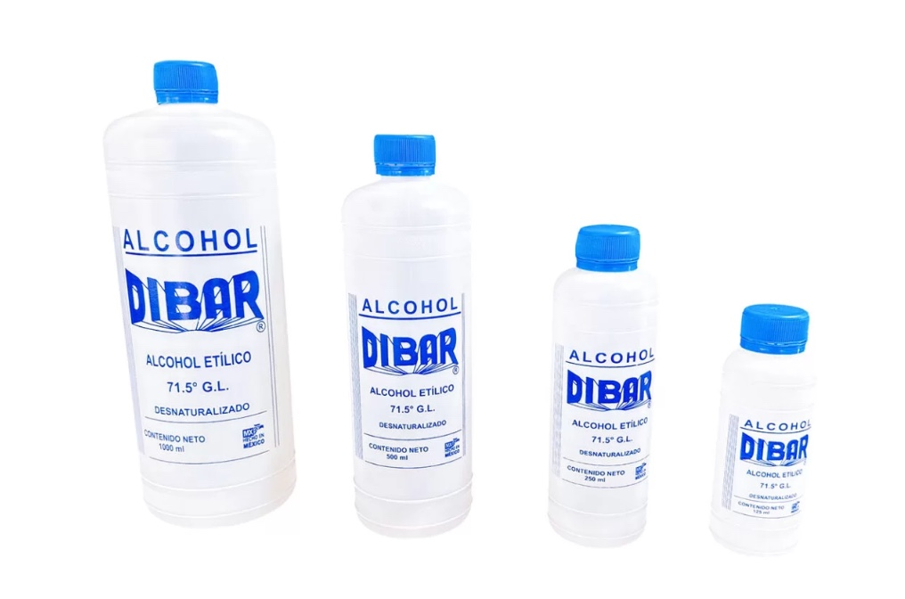 Cuatro botellas de alcohol etílico desnaturalizado DIBAR 71.5° G.L. de 1000, 500, 250 y 125 ml